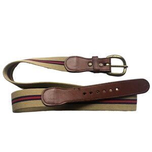 VINTAGE Preppy Belt Web Stripes Brass Leather Beige Blue Red 33 34 35 inch Mediu